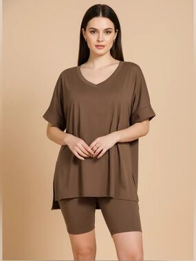 NWOT Zenana Brown Biker Short Set Brushed Microfiber V-neck Top & Biker Shorts